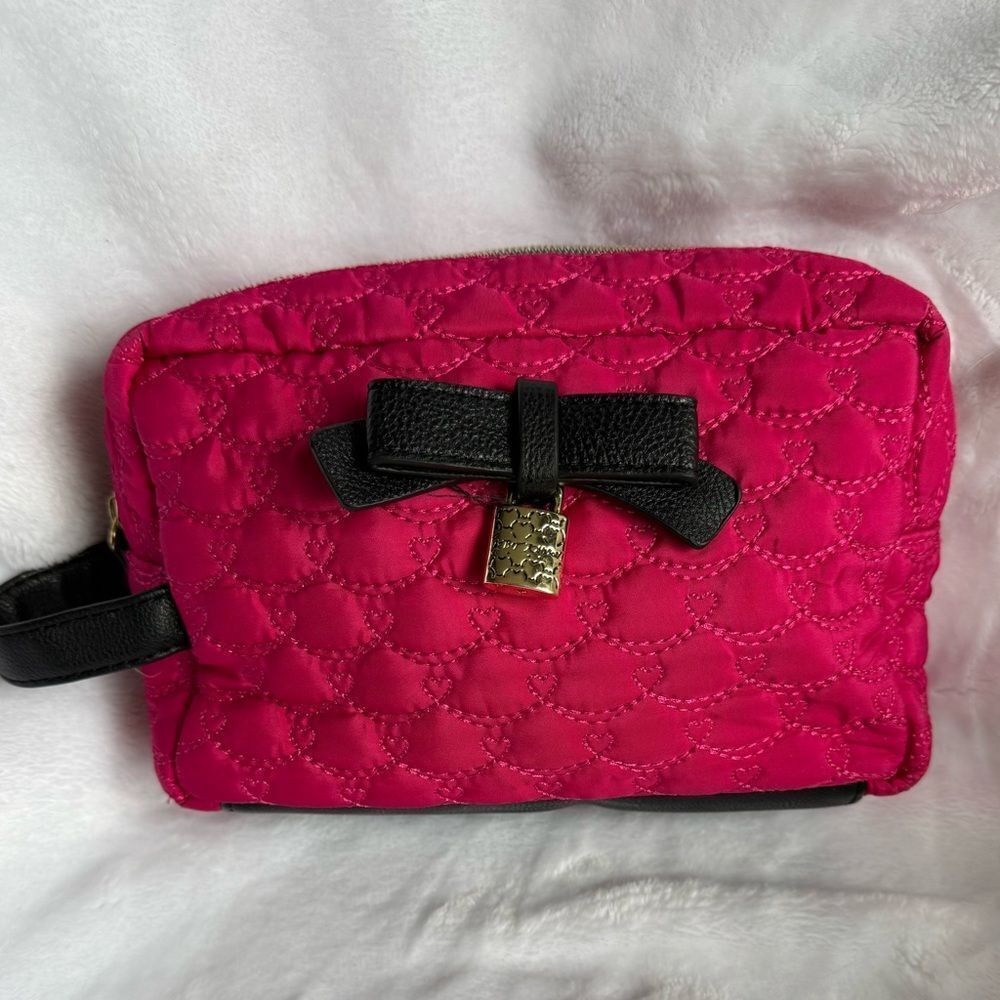 Betsey Johnson Pink and Black Cosmetic Bag with Bow and Lock